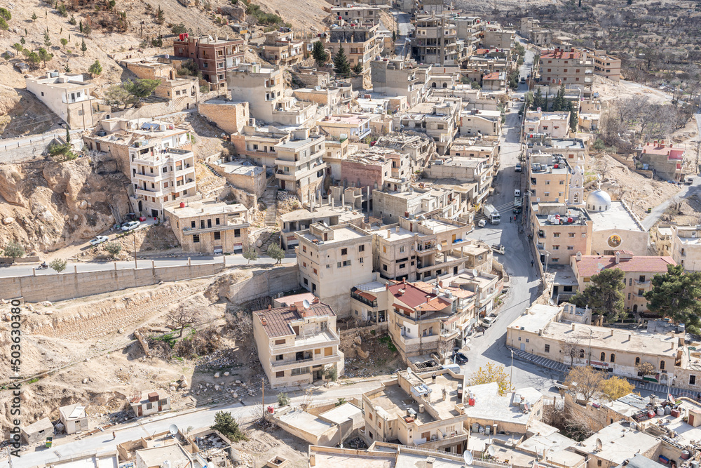 Aerial view of old Houses in Maalula, Syria
