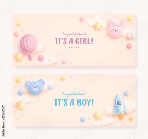 Set of baby shower invitation with cartoon bear, bunny, rocket, hot air balloon, helium balloons and flowers on beige background. It's a girl. It's a boy. Vector illustration