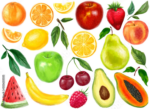 Fototapeta Naklejka Na Ścianę i Meble -  Fruit set. Orange, lemon, apple, watermelon, peach, strawberry, cherry, banana, avocado, papaya. Isolated illustration of fruit on a white background. Watercolor style.