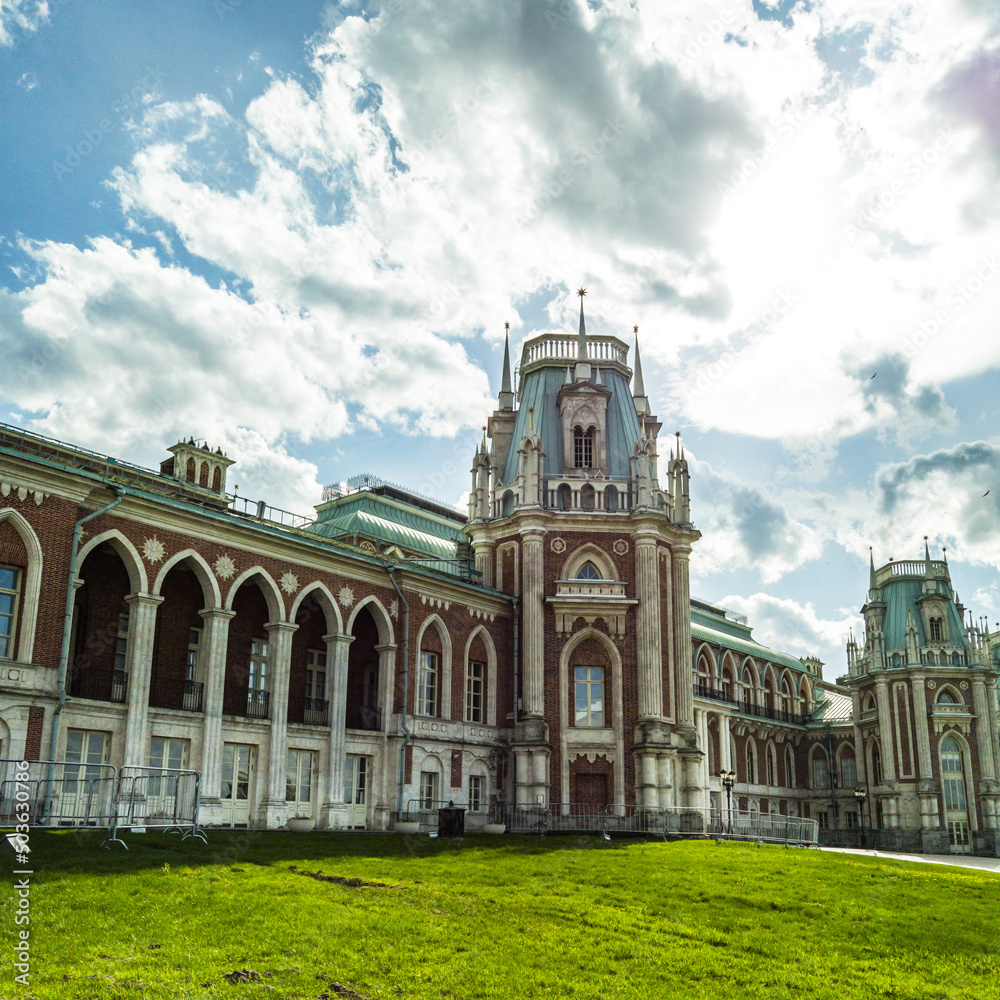 Moscow, Tsaritsyno Park. Beautiful Palace, red brick. Manor in Russia, Moscow