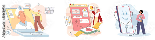 Online medical consultation and support metaphor. Online doctor. Healthcare services, Ask doctor. Tele medicine e-health service. Therapist videocalling phone screen. Diagnosis treatment of patients