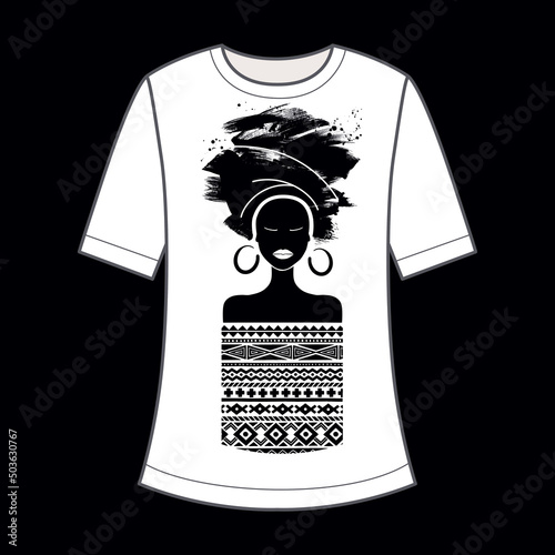 Decorative print. African girl in ornamental clothes silhouette.