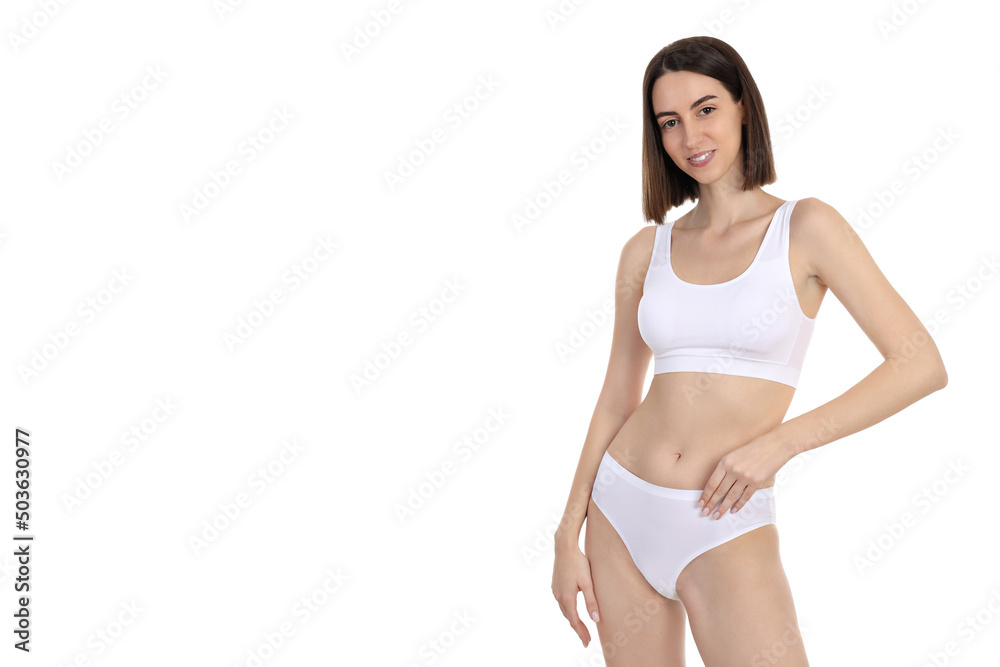 Concept of weight loss, young woman isolated on white background Concept of weight loss, young woman isolated on white background