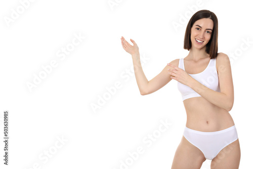 Concept of weight loss, young woman isolated on white background