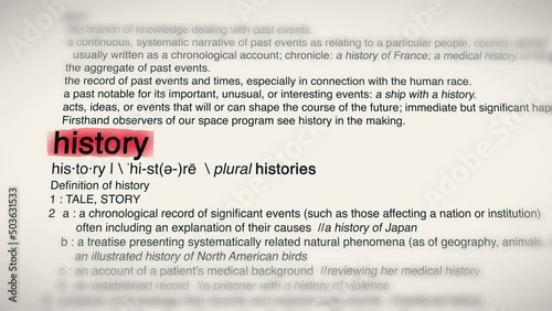 The Word History Red Highlighted in a Dictionary Animation photo