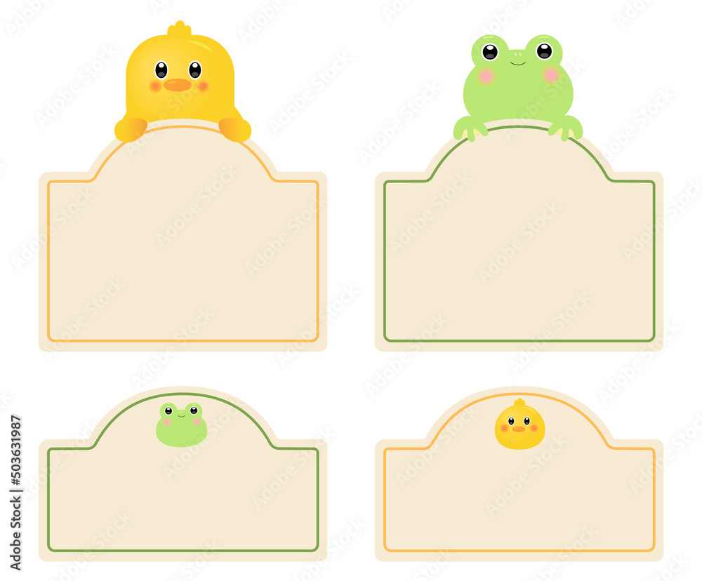 A kindergarten name tag with pictures of chicks and frogs illustration