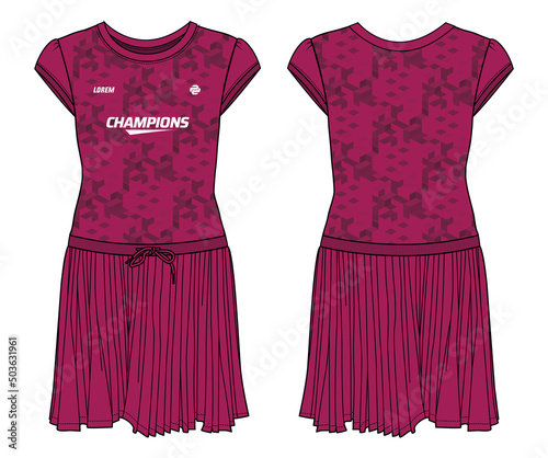 Women drop waist tennis dress with pleated skirt sports top jersey design flat sketch fashion Illustration suitable for girls and Ladies, dress for tennis, netball, badminton sport kit