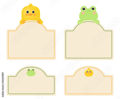 A kindergarten name tag with pictures of chicks and frogs illustration set. memo, frog icon, sticker, chick icon, tag. Vector drawing. Hand drawn style.