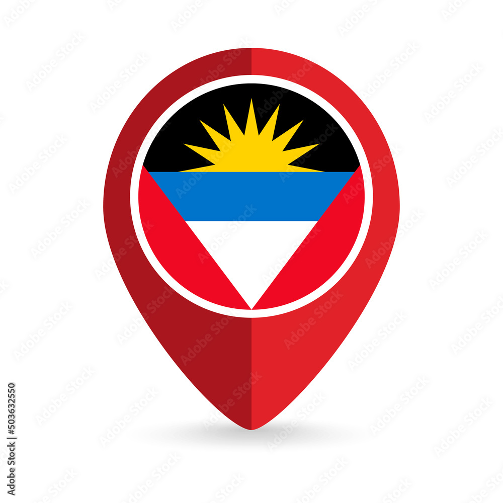 Map pointer with country Antigua and Barbuda. Antigua and Barbuda flag. Vector illustration.