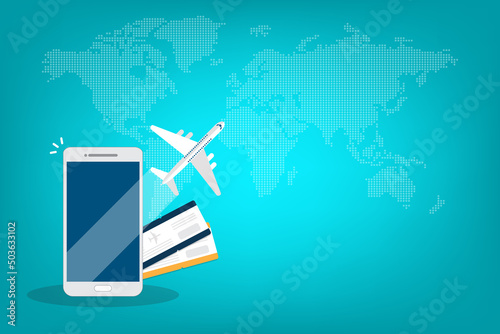 Booking online tickets .Buy or check in. Vector Illustration of online ticket, tourism and travel, vacation and journey by plane.
