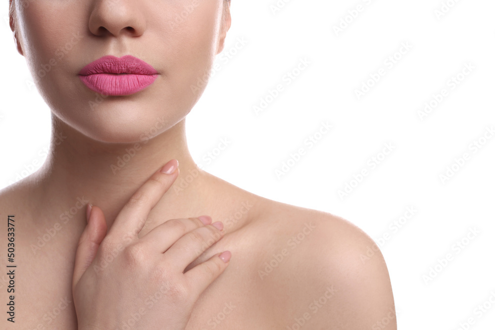 Closeup view of woman with beautiful full lips on white background