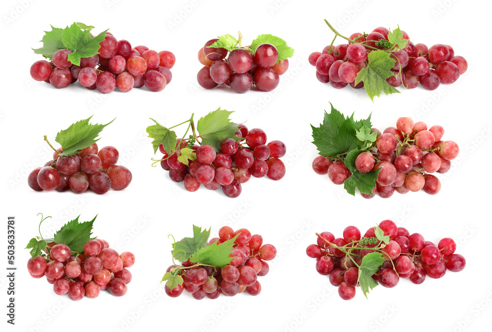 Set with fresh ripe grapes on white background Set with fresh ripe grapes on white background