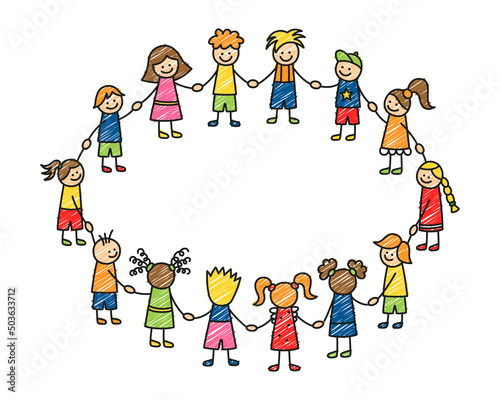 Happy doodle stick children holding hands. Hand drawn funny kids in circle. Children friendship concept. Doodle children community. Vector illustration isolated on white background.