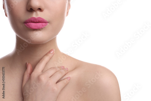Closeup view of woman with beautiful full lips on white background