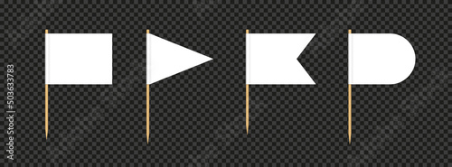 Toothpick flag. Blank flag on wooden stick. Wood toothpick with white paper banner for food and cocktail decoration. Different forms of pennant. Realistic 3d vector isolated on transparent background.