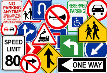 Collection of different traffic signs on turquoise background