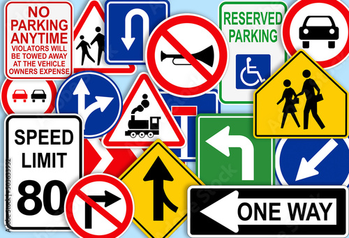 Fotografia Collection of different traffic signs on turquoise background