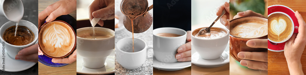 Beautiful collage with different photos of aromatic coffee. Banner design Beautiful collage with different photos of aromatic coffee. Banner design