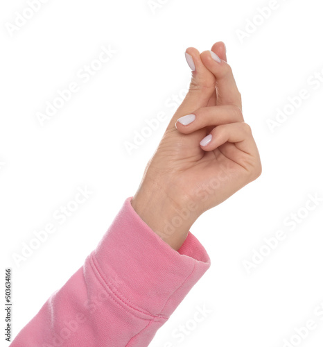 Woman snapping fingers on white background, closeup of hand