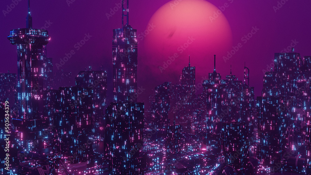 SciFi CityScape Night Scene Neon Skyscraper Cyber Punk City Wallpaper Background 3d Render