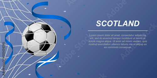 Soccer background with flying ribbons in colors of the flag of Scotland