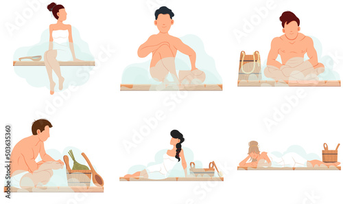 Set of illustrations people and wellness spa procedures, characters relaxing in sauna or banya. Bathhouse, characters in hot steam bath resting alone. Person takes care of health, enjoys in steam-room