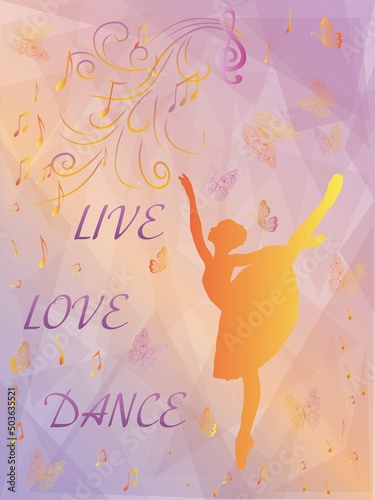 Ballerina dancing on a beautiful gradient background with triangles. Musical notes and butterflies, vector illustration