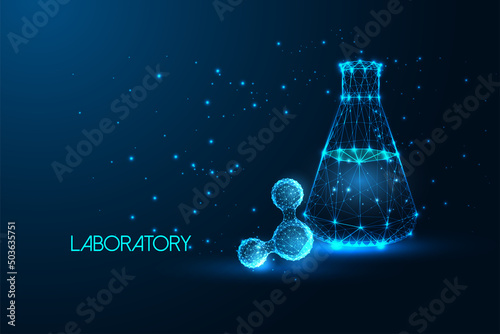 Futuristic scientific research concept with glowing abstract molecule and laboratory beaker 
