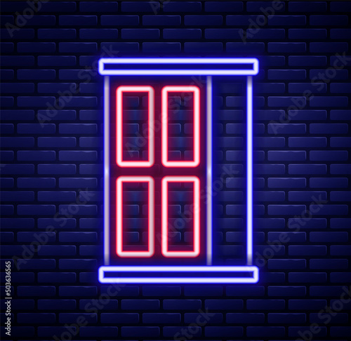 Glowing neon line Wardrobe icon isolated on brick wall background. Cupboard sign. Colorful outline concept. Vector