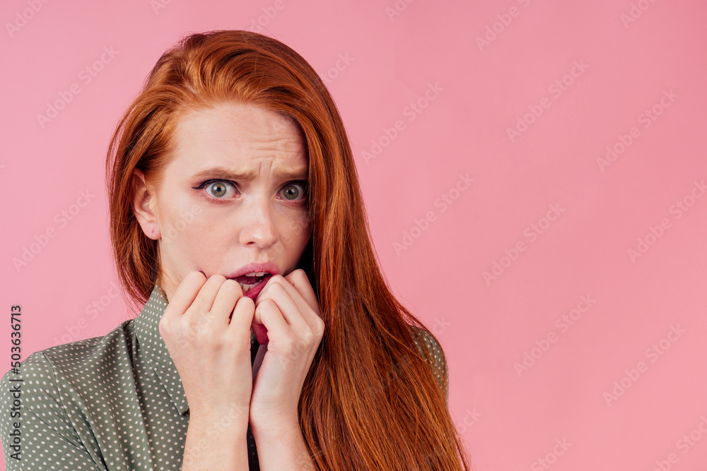 redhair ginger woman in green cotton silk dress in pink studio amazed feeling redhair ginger woman in green cotton silk dress in pink studio amazed feeling