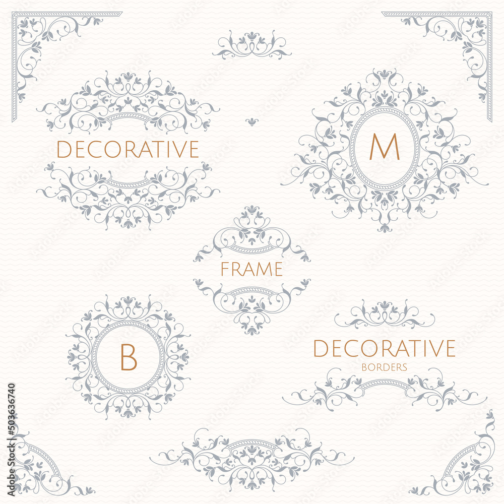 Collection of decorative elegant monograms, borders, frames, corners. Classic floral ornament. Graphic design pages, business sign, boutiques, cafes, hotels.