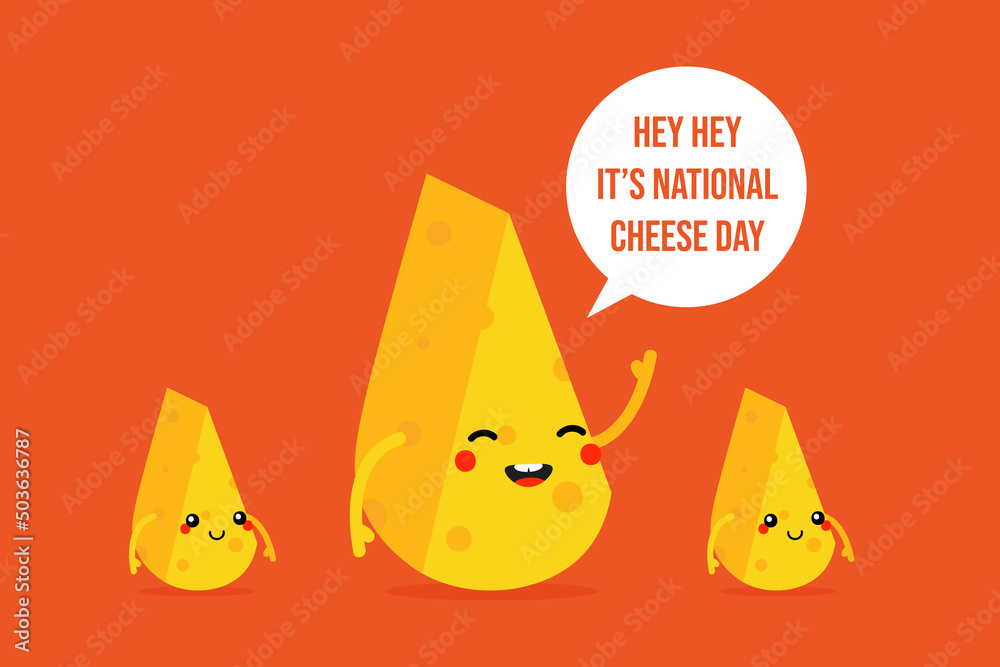 National Cheese Day greeting card, illustration with happy and cute