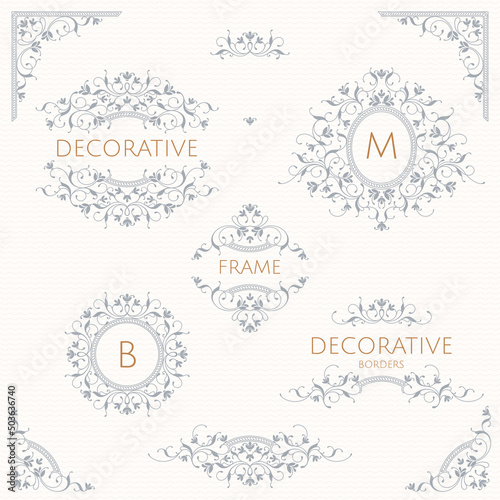 Collection of decorative elegant monograms, borders, frames, corners. Classic floral ornament. Graphic design pages, business sign, boutiques, cafes, hotels.
