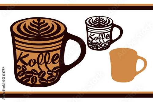 Coffee mug with a pattern of coffee beans, the inscription Coffee and a flower. Stencil for cutting and creativity