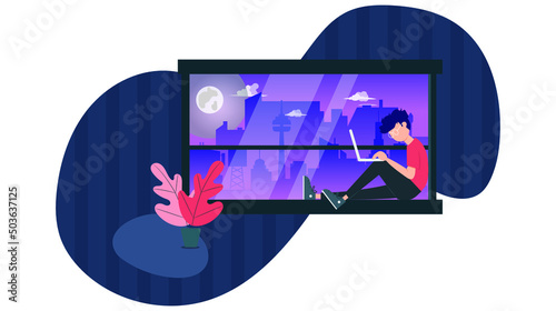 Vector illustration of a boy sitting on the windowsill and working, during nighttime