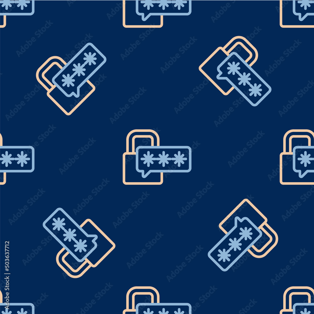 Line Cyber security icon isolated seamless pattern on blue background. Closed padlock on digital circuit board. Safety concept. Digital data protection. Vector