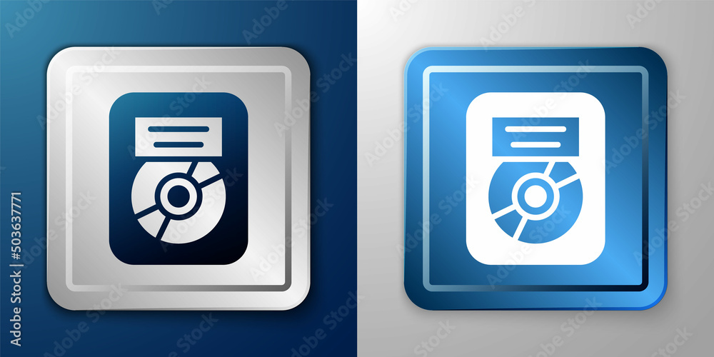 White CD disk award in frame icon isolated on blue and grey background. Modern ceremony. Best seller. Musical trophy. Silver and blue square button. Vector
