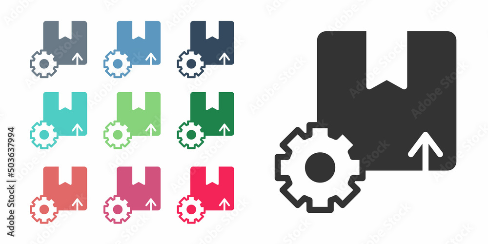 Black Gear wheel with package box icon isolated on white background. Box, package, parcel sign. Delivery and packaging. Set icons colorful. Vector Black Gear wheel with package box icon isolated on white background. Box, package, parcel sign. Delivery and packaging. Set icons colorful. Vector
