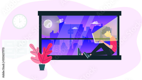 Vector illustration of a boy sitting on the windowsill and working, during nighttime