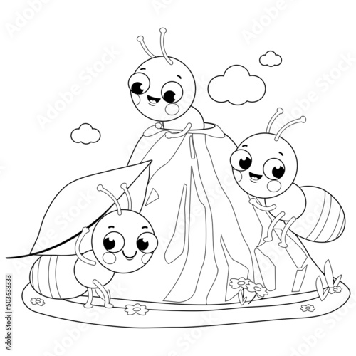 Ants in ant hill carrying food into their nest. Vector black and white coloring page
