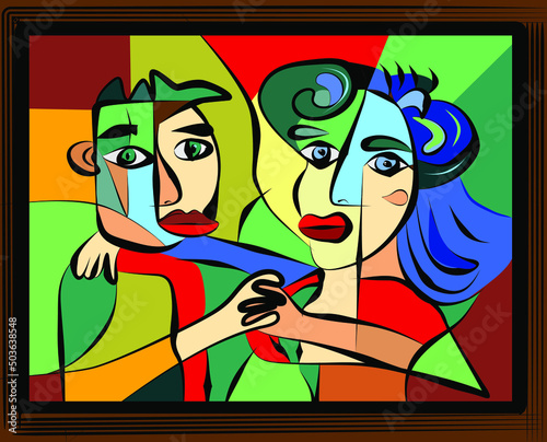 Colorful abstract background, cubism art style, dancing couple