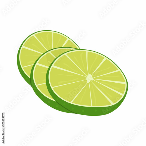Key lime slices, cutted citrus pieces. Meethay fruit for healthy diet. Composition of fruit slice. Delicious juicy citron for cocktail menu. Vector flat cartoon style lime isolated on white background
