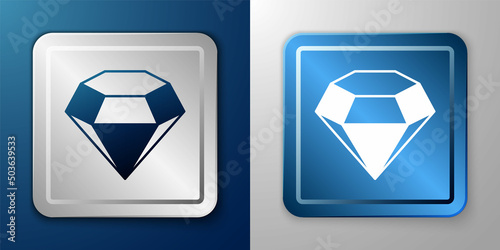 White Diamond icon isolated on blue and grey background. Jewelry symbol. Gem stone. Silver and blue square button. Vector