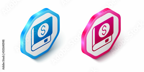 Isometric Financial book icon isolated on white background. Hexagon button. Vector