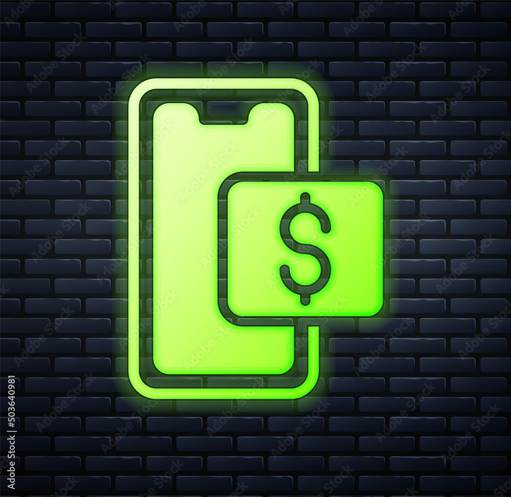 Glowing neon Mobile phone and shopping cart icon isolated on brick wall background. Online buying symbol. Supermarket basket symbol. Vector Glowing neon Mobile phone and shopping cart icon isolated on brick wall background. Online buying symbol. Supermarket basket symbol. Vector