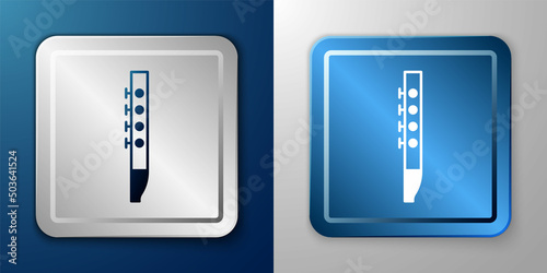 White Flute icon isolated on blue and grey background. Musical instrument. Silver and blue square button. Vector