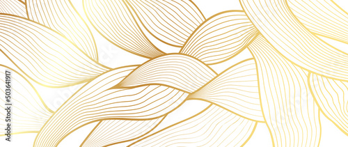 Luxury golden leaf vector background. Foliage wallpaper design with gold line art on black background, hand drawn leaves. Elegant and shining line design illustration perfect for decorative, prints.