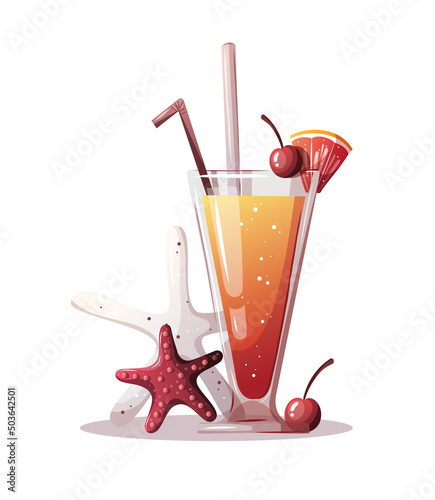 Summer cocktail and starfishes. Beach Holidays, summer vacation, party, cafe-bar, recreation concept. Isolated vector Illustration.