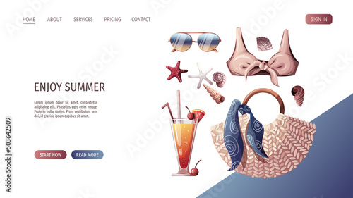 Swimsuit, rattan bag, seashells, cocktail and sunglasses. Beach Holidays, Summer vacation, Leisure, Recreation concept. Vector Illustration.