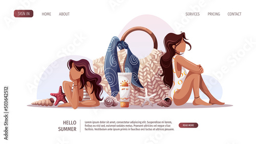 Women in swimsuits, rattan bag, sunscreen, seashells. Beach Holidays, Summer vacation, Leisure, Recreation concept. Vector Illustration.